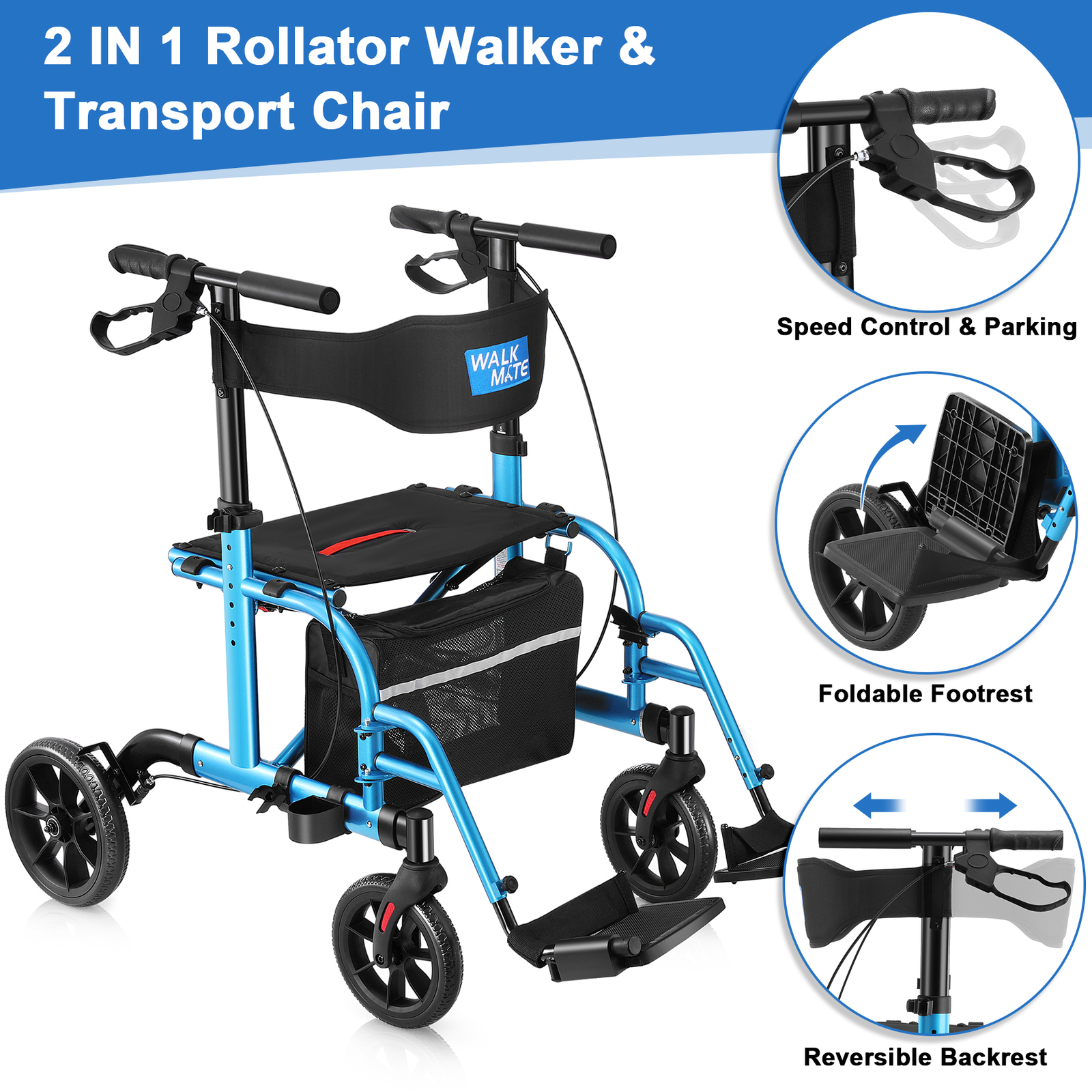 Walk Mate Rollator Walker w/Seat Folding Walker 10" Wheelchair