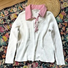 St. John Sport Women  s Ribbed Collar Sweater Cotton Blend Lace Up Neckline Large