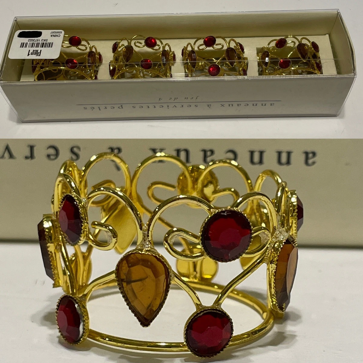 4 Pier One Imports Jeweled Napkin Rings Red Amber Set In Gold Tone Metal