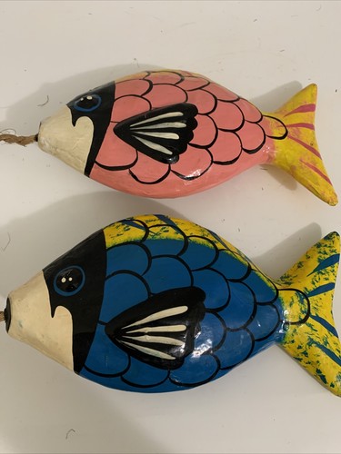 Fish Sculpture Hanging On Rope Hand-Painted Wood Mexican Folk Art Colorful - Picture 4 of 12