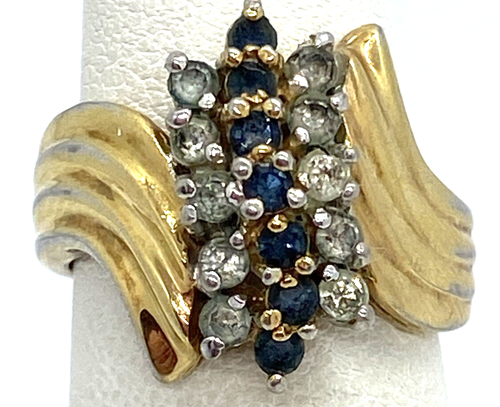 Vintage 18K Gold Filled Sapphire & White Topaz Stones Wave Beautiful Ring Size 6 - Picture 6 of 10