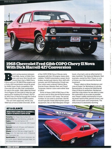 1968 CHEVROLET NOVA COPO 427 V8 COUPE 2 PG COLOR ARTICLE