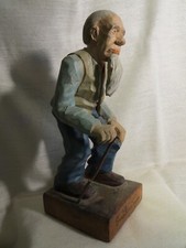 Vtg. Swedish Folk Art Old Man w/ Cane Wood Carving 9 1/4" Tall Signed