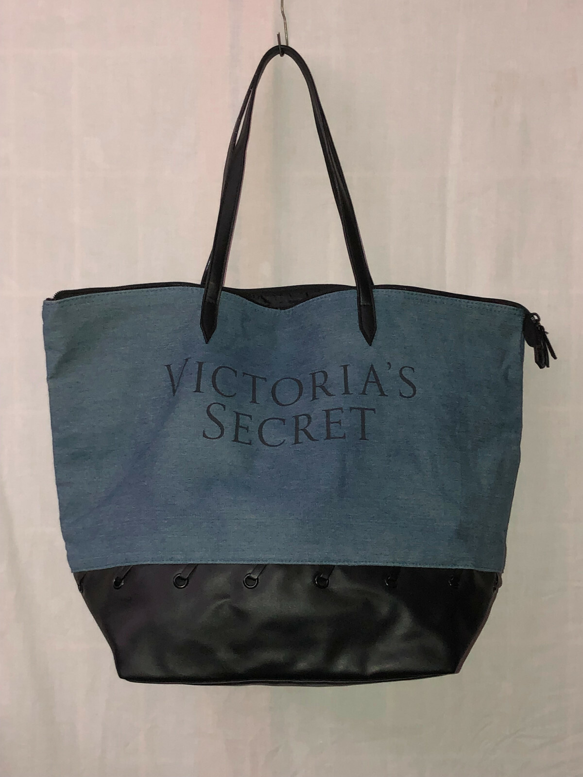 Victoria's Secret Denim Canvas Faux Leather Tote Beach Overnight Bag Purse