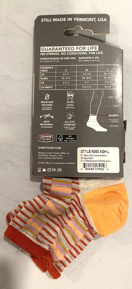 Darn Tough Picnic Shorty Lightweight Ankle socks Ash Orange #6050 L fits 10-11.5 - Image 4 of 4
