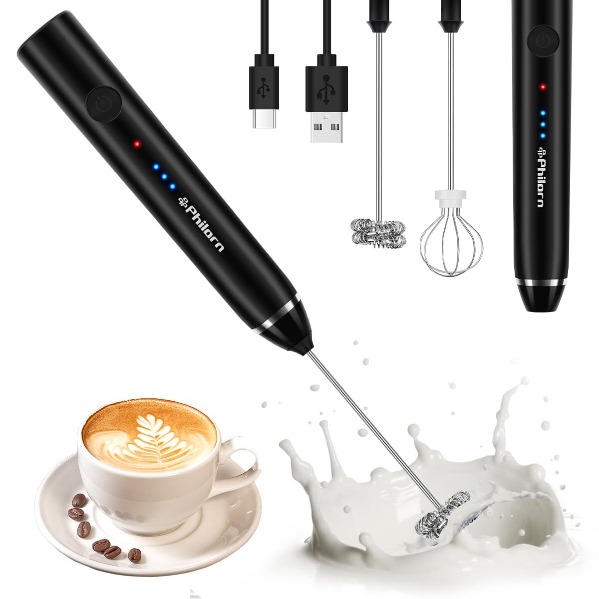 Milk Frother Handheld Rechargeable Coffee Frother - Frother Wand with 2 Heads...