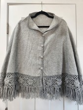 Peruvian Alpaca Poncho Crochet Fringe Gray Knit Wrap Wrap Button-Front