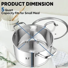 5 QT Stock Pot Tri-Ply Bottom Stainless Steel Stockpot Cooking Soup with Lid