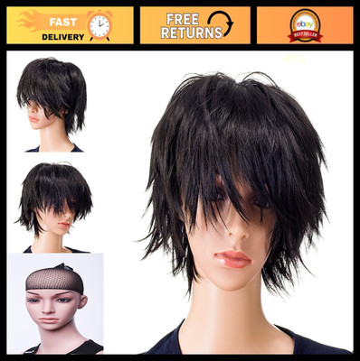 Unisex Spiky Layered Short Anime Cosplay Wig - Off Black, Perfect for Costume Pa