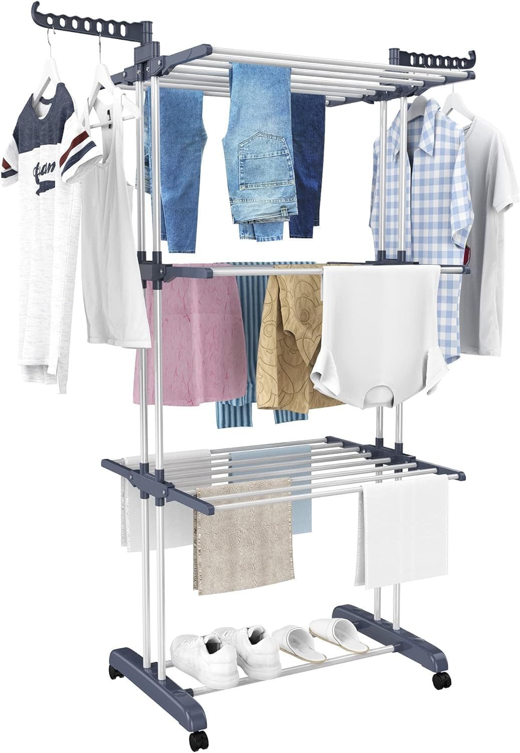 Airer Clothes Drying Rack,4-Tier Foldable Clothes Hanger Adjustable Large Stainl