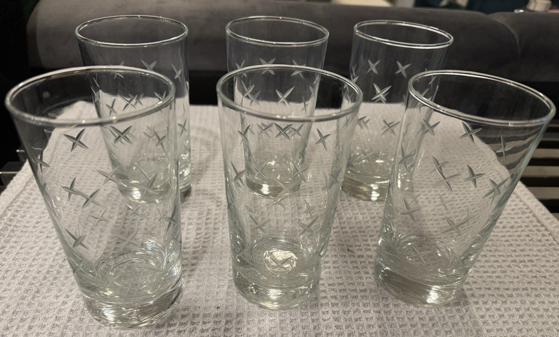 Set Of 6 Mid Century Modern Libbey Starburst Etched Glasses  / Tumblers Atomic