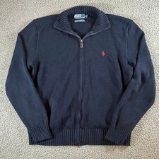 Polo Ralph Lauren Mens Navy Blue 100 Cotton Full Zip Sweater Large Logo