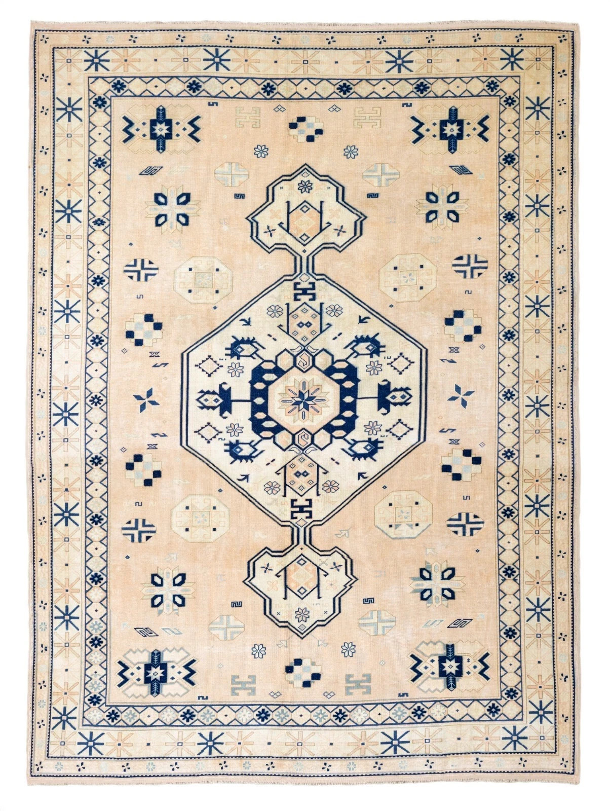 Hand-Knotted Turkish Oushak Rug | Ivory & Indigo Blue Geometric Medallion Area