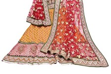 Pre-owned saffron red Satin Silk Net Hand Embroidered Designer Lehenga 2pcs set