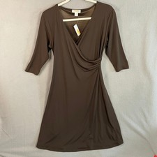 Talbots Women's Faux Wrap Dress Brown V-Neck 3/4 Sleeve Size 4P Knee-Length NWT
