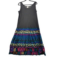 Vintage 90s Drop Waist Maxi Dress Black Sheer Bodice Rayon Print Size 10 2927