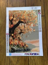 Completed Beautiful House Tree Hanging Lights Diamond Art Painting 12 x 15.75