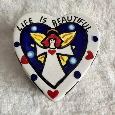 Heart Shaped Small Trinket Box Ceramic Life Is Beautiful Angel Gift Decor