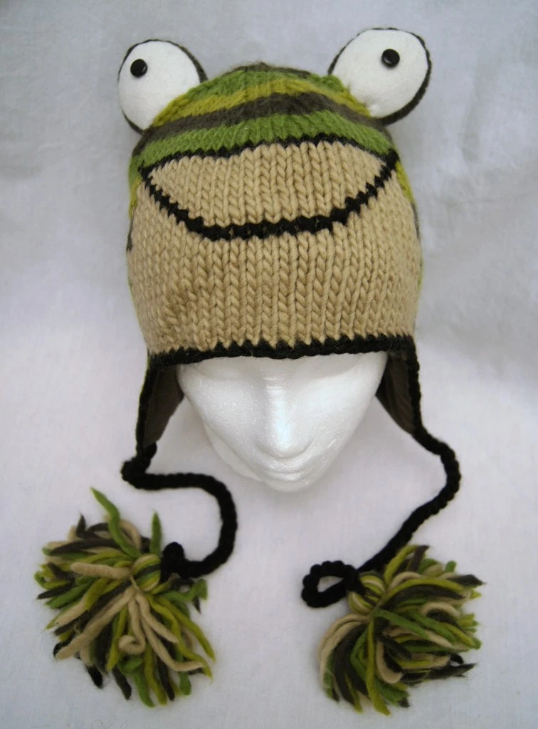 FROG HAT knit ADULT green Fleece LINING mens women ANIMAL SKI CAP costume toad