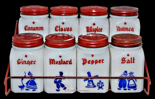 Hazel Atlas White Milk Glass  8 Piece Dutch Spice Set with Rack - All Original!