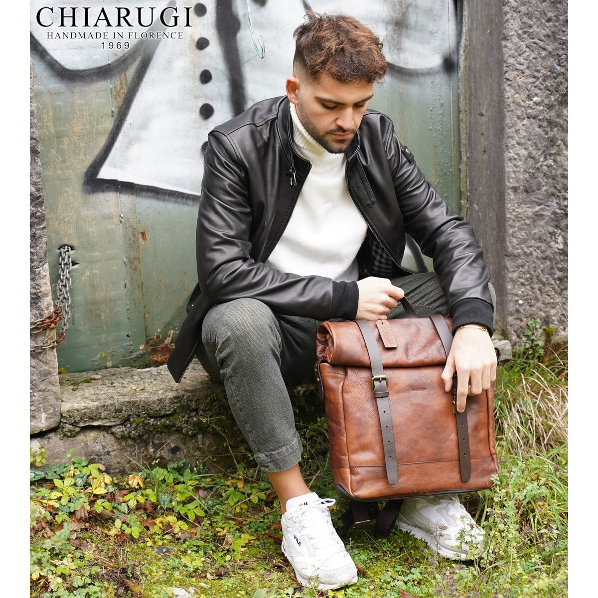 chiarugi leather backpack CHIARUGI Made in Italy Tuscan leather men's rolltop backpack Vintage style