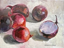 Original art still life oil painting  on canvas "Red onions" 11,8*15,7in
