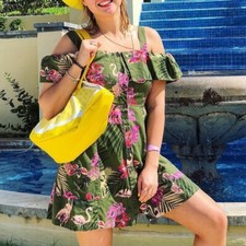 Mango Green Flamingo Print Cold Shoulder Dress Size 4