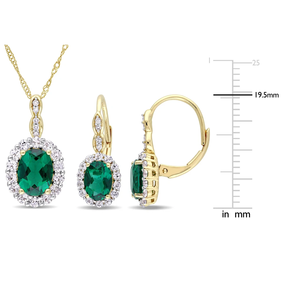 Topacio y diapositiva blancos esmeralda creados en oro amarillo de 14k Amour. Juego de collar y pendientes Foto 2 de 4