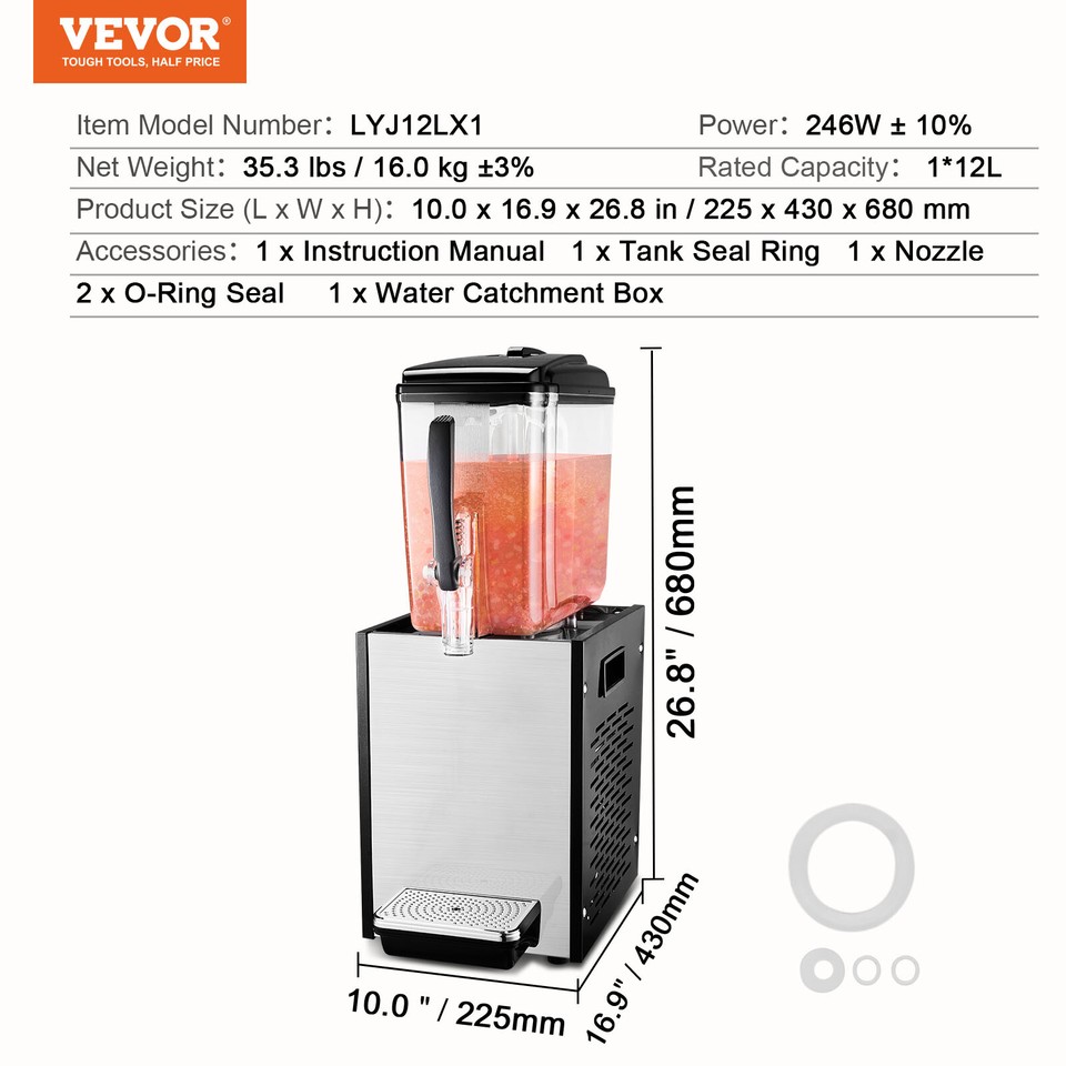 VEVOR Commercial Beverage Dispenser 12L Cold Juice Ice Drink Dispenser