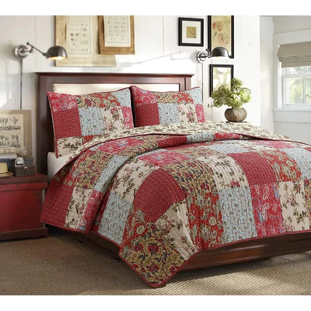 NEW COZY SHABBY COUNTRY PINK BROWN RED BLUE GREEN LEAF ROSE COUNTRY QUILT SET
