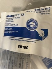 KIMBLE 5mL Glass Disposable Graduated Serological Pipet Plugged Sterile 50/5x10