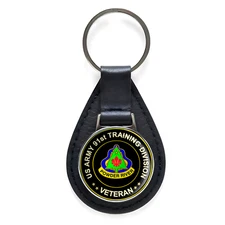 US Army 91st Training Division Veteran Black Leather Keychain Silver Keyring