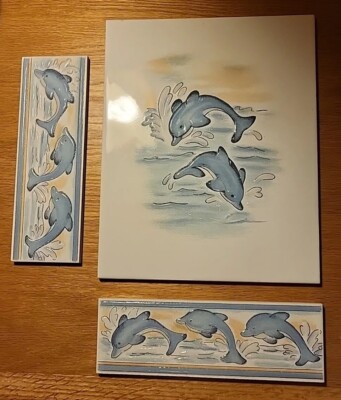 Vintage Dolphin Ceramic Ocean Tiles One 8''x9.75'' & Two 8'' X 2.5''