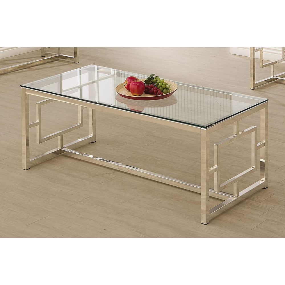 Contemporary Coffee Table Glass Top Metal Frame Geometric Design Nickel