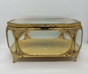 Round Brass Jewelry Box ROUND BRASS FILIGREE Box Brass and Glass Filigree Box