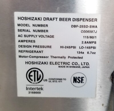 Hoshizaki Refrigerated Draft Beer Dispenser DBF-25SD-SWA Single