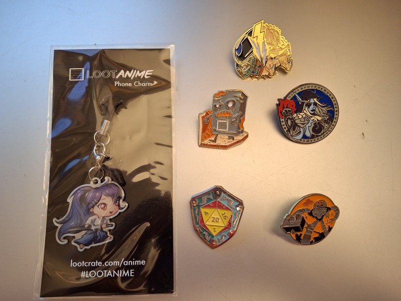 Loot Crate Pins & Anime Phone Charm Robot Predator D&D Dice WoW - 5 Pins 1 Charm