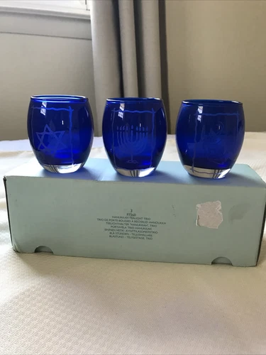 Partylite Hanukkah Tealight Trio Royal Blue Etched Glass Candle Holder P7260