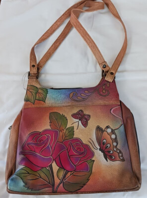 Tote Bag Anuschka Purses Anuschka Hand Painted Leather Rose Butterfly  Zip Around Hobo