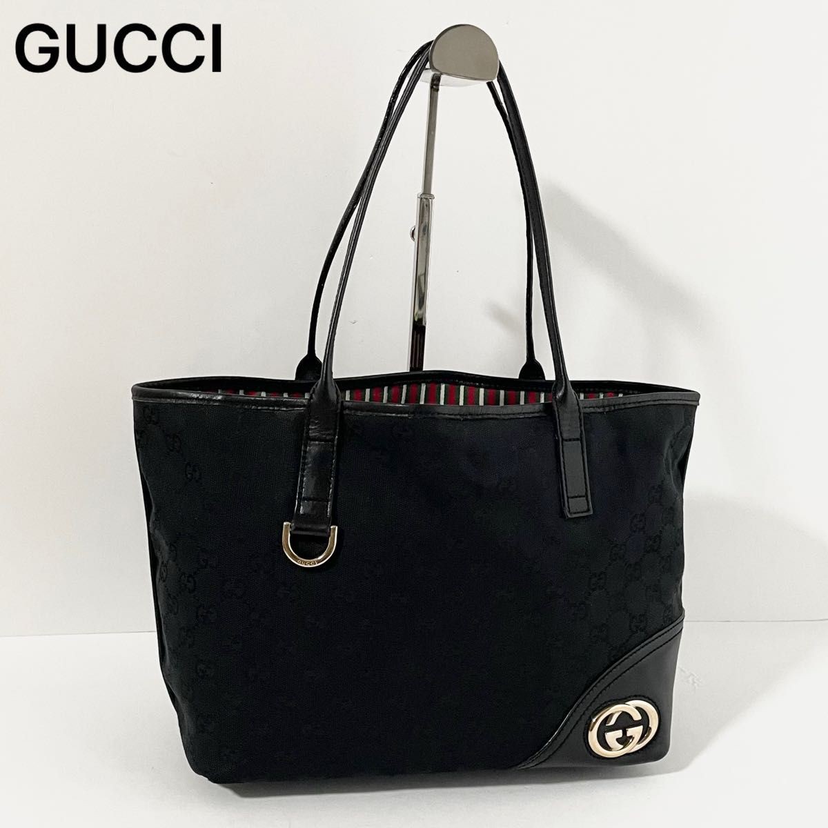 GUCCI New Brit Shoulder Tote in Black GG Canvas with Interlocking G and Gold Accents-image