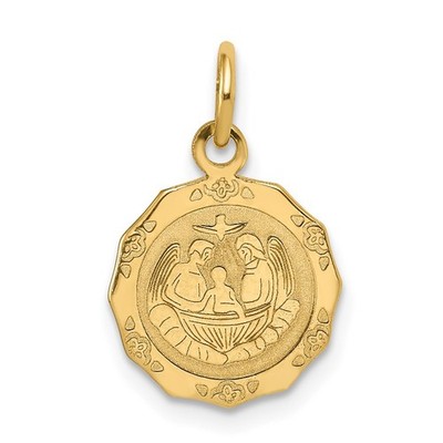 14k Yellow Gold Satin Baptism Recuerdo Del Bautismo on Back Round Charm Pendant