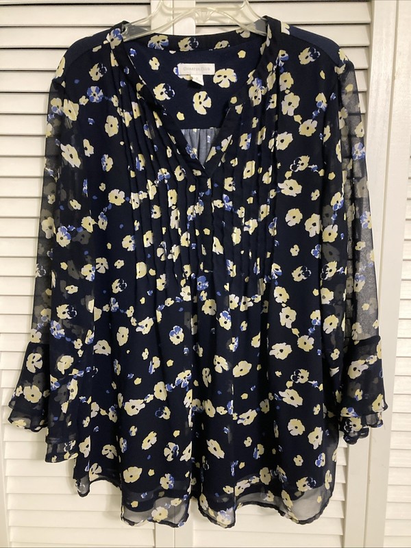 Charter Club Women’s Sz Med Blue Cream Flowery Print Sheer Overlay V-Neck Blouse