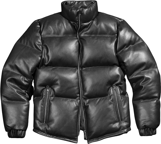 Handmade Men’s Black Sheepskin Leather Quilted Puffer Jacket – Winter Coat