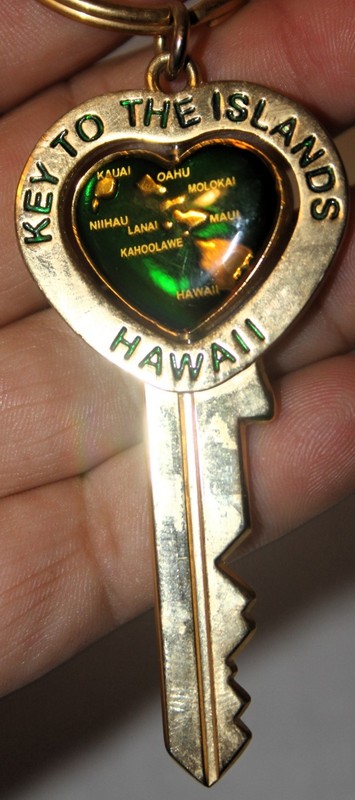 KEY To The ISLANDS of HAWAII Green w/Gold Islands SOUVENIR Center Turns KEYCHAIN