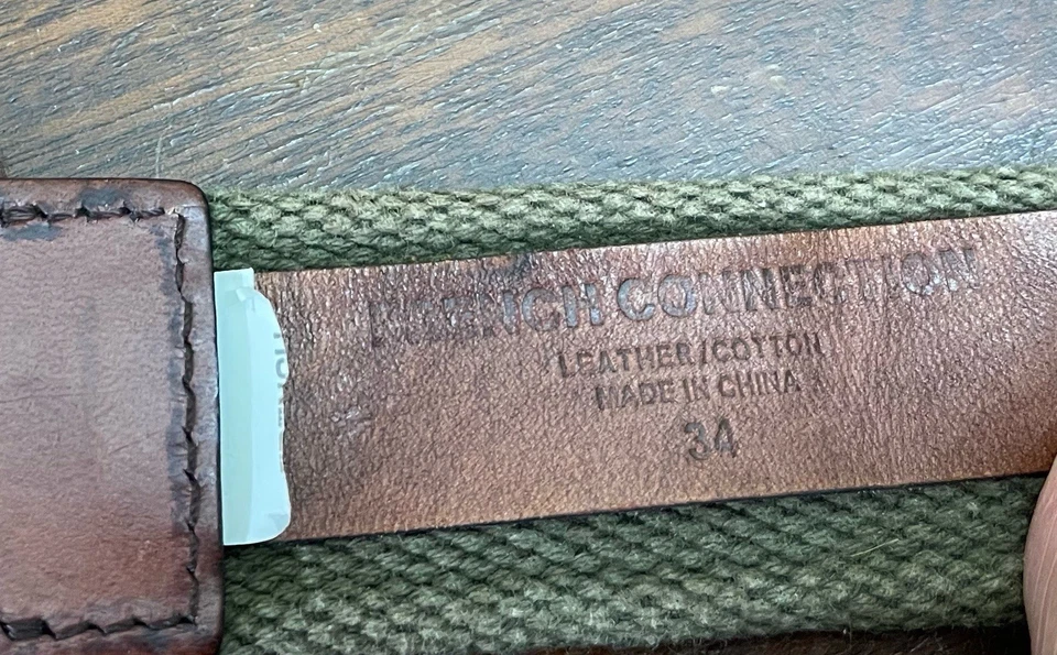 Cinturón French Connection verde oliva/caqui lona y cuero marrón ojal talla 34 Foto 3 de 4