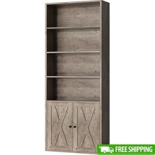 Modern Rustic Bookcase W/ Doors 6 Tier Storage Shelf Home Office Study New