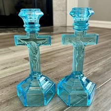 Pair EAPG McKee Bros Blue Glass Crucifix Candlestick Holders Antique RARE Cross