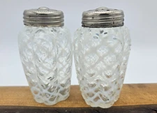 Antique Victorian Ribbed Lattice Salt Shaker White Opalescent Glass Melon Sprig