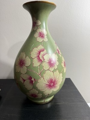 Vintage 12.5  Green Floral Ceramic Vase Pink Blossom Gold Rim 