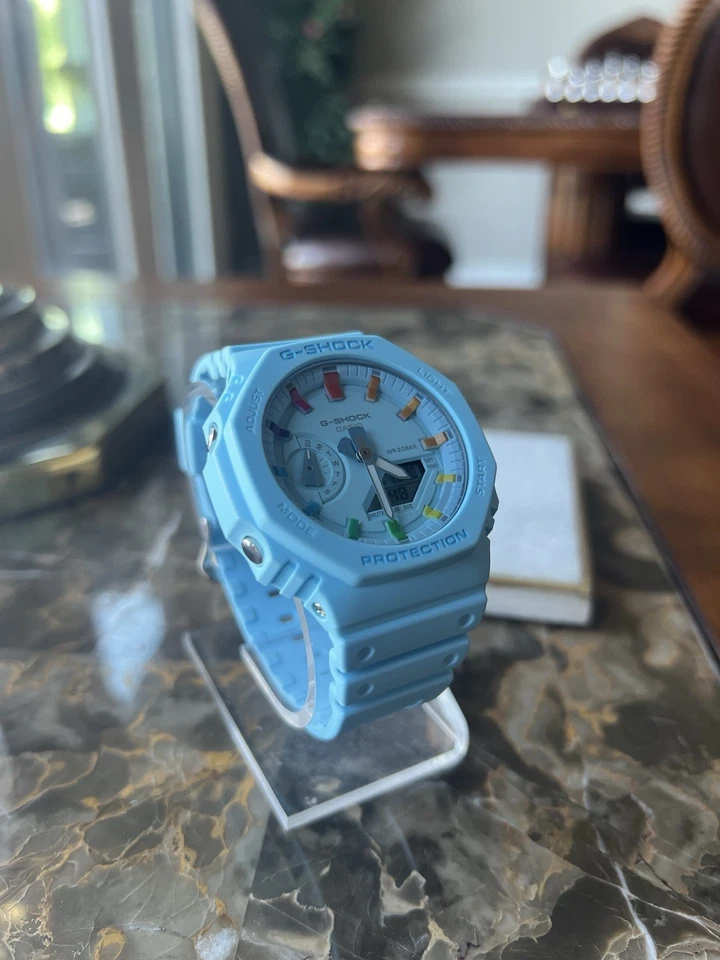 Marcadores de hora/índice personalizados Casio G-Shock GA-2100-2A2 azul y arco iris MOD de EE. UU. Foto 2 de 3
